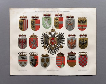 1890年 – オーストリア＝ハンガリー帝国の紋章 | アンティーククロモリトグラフ | 紋章プリント