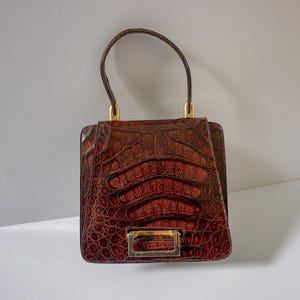 1950s Vintage Crocodile Leather Bag | Trapeze Shape | Suede Lining