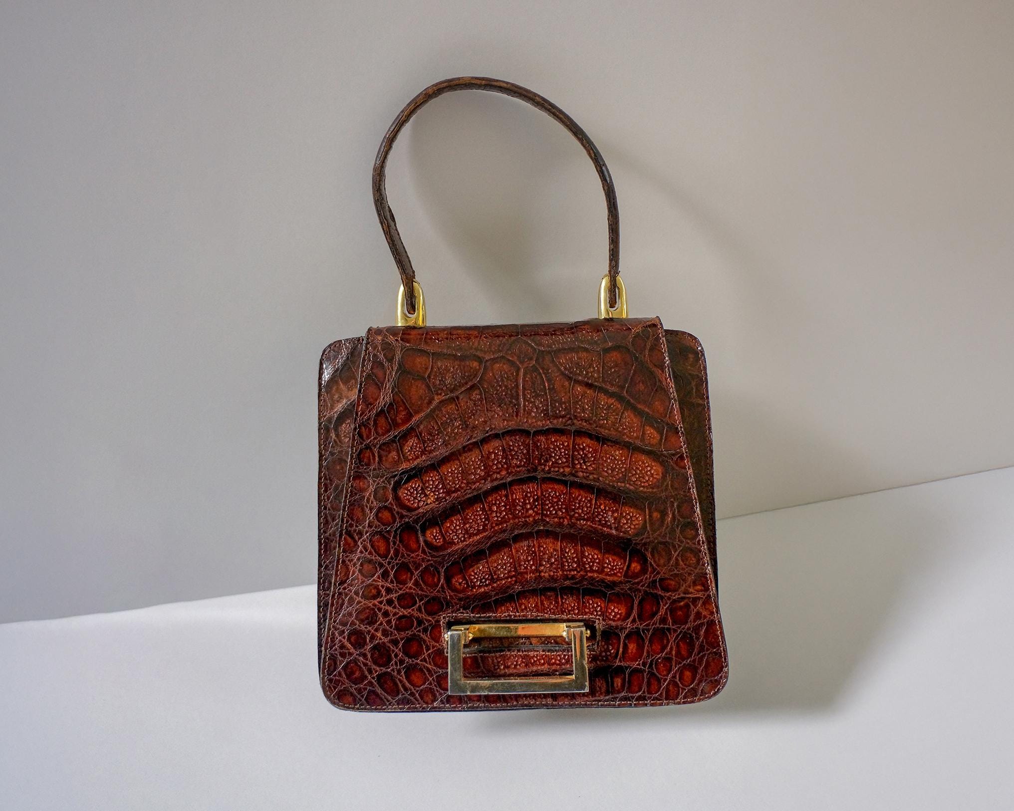 1950s Vintage Crocodile Leather Bag | Trapeze Shape | Suede