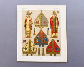 1888 – Medieval Bishop Vestments and Mitres | Antique Chromolithograph | Racinet