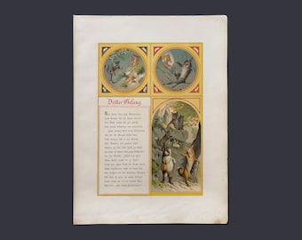 Cromolitografía antigua, c. 1885 / Ilustración de animales vintage / Reynard el zorro