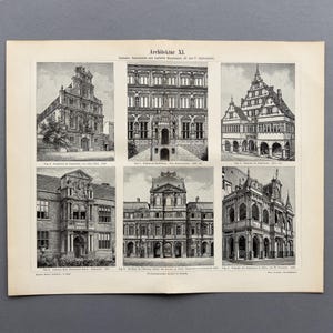 1895 – Arquitectura renacentista / Grabado original antiguo en madera