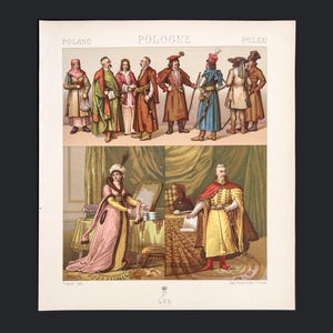 Könnte beinhalten: Antiker Druck, der traditionelle polnische Kostüme zeigt. Der obere Teil zeigt eine Gruppe von Figuren in verschiedenen Outfits, darunter Mäntel, Hüte und Stiefel. Der untere Teil zeigt eine Frau in einem rosa Kleid und einen Mann in einem gelben Mantel und rotem Umhang.
