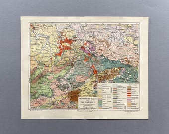 1905 – Carta geologica della Sassonia / Cromolitografia antica / Carta storica
