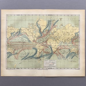 Pode incluir: Mapa-múndi antigo retratando as correntes oceânicas, com massas terrestres em bege e linhas azuis e vermelhas indicando as correntes. O mapa inclui texto em alemão e é emoldurado com uma borda creme.