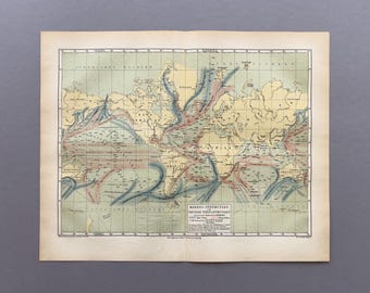 1876: wereldkaart oceaanstromingen | Antieke originele chromatografie