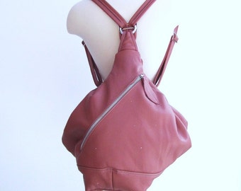 Pink Leather backpack bag, 3 Way bag, Convertible Bag, Transformable women leather messenger, Shoulder Bag