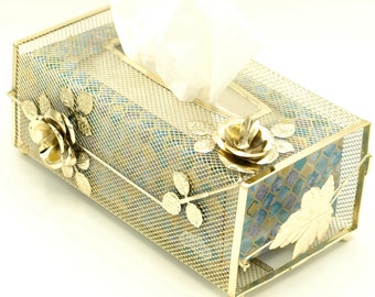 Vintage Brass Tissue box cover, golden rose Tissue holder, Hollywood regency style 1980s decor, polished brass tissue rack NOS