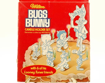 Vintage Wilton Bugs Bunny Candle Holder Set 1979, NOS Looney Tunes cake decorating kit, Sealed 1970s Bugs Bunny Candle Set