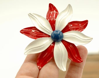 Vintage Crazy Daisy Pin, oversized hippie flower brooch, red white and blue flower pin, Americana brooch, enamel flower pin back