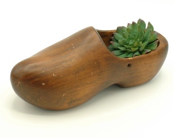 Vintage large wooden clog, hand carved shoe, primitive wood clog, folk art dutch clog, single decorative shoe, unique wooden planter