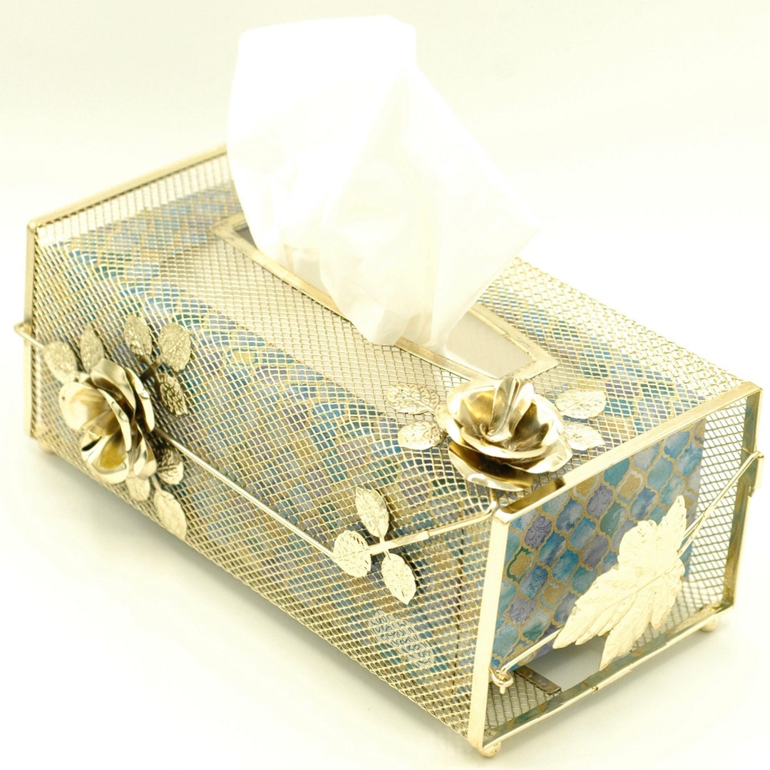 Vintage Brass Tissue Box Cover, Golden Rose Tissue Holder, Hollywood Regency Style 1980s Decor
