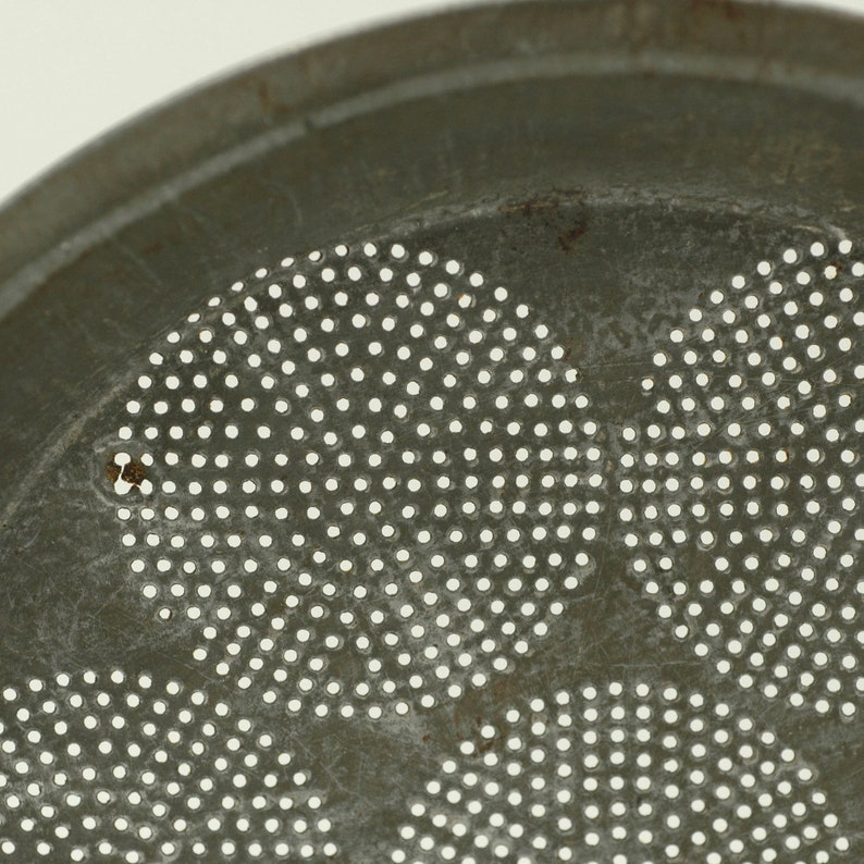Vintage sifting pan, primitive sieve, punched metal sifter plate, farmhouse punched sieve image 8
