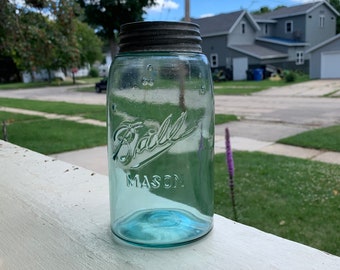 Antique Quart sized Ball blue glass sloped shoulder canning jar 3L logo with zinc milk glass porcelain lid, triple L ball jar