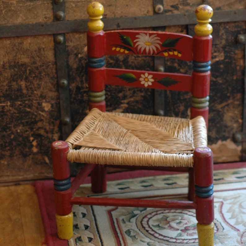hand painted wood and straw chair Vintage Child/'s Wooden Chair primitive country farmhouse decor