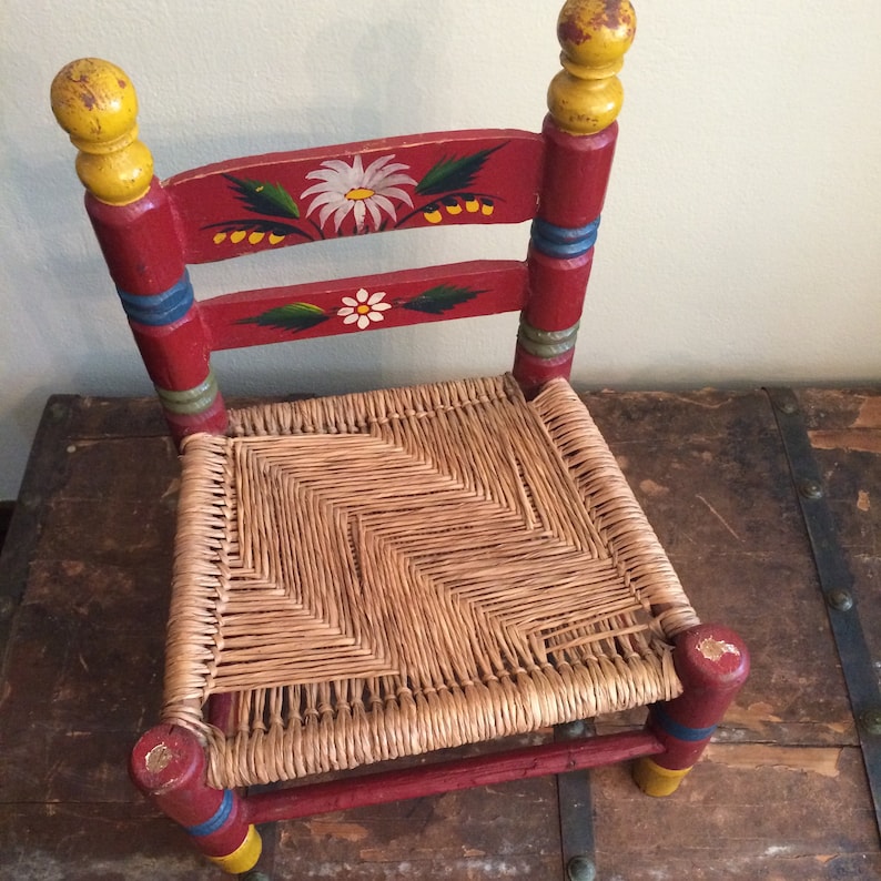 hand painted wood and straw chair Vintage Child/'s Wooden Chair primitive country farmhouse decor