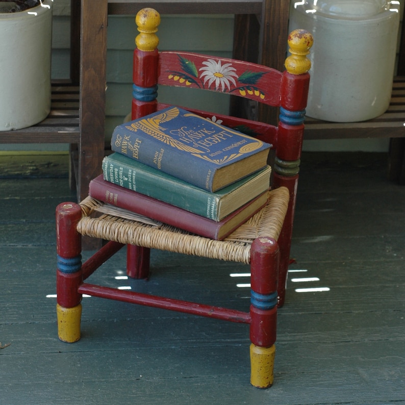 hand painted wood and straw chair Vintage Child/'s Wooden Chair primitive country farmhouse decor