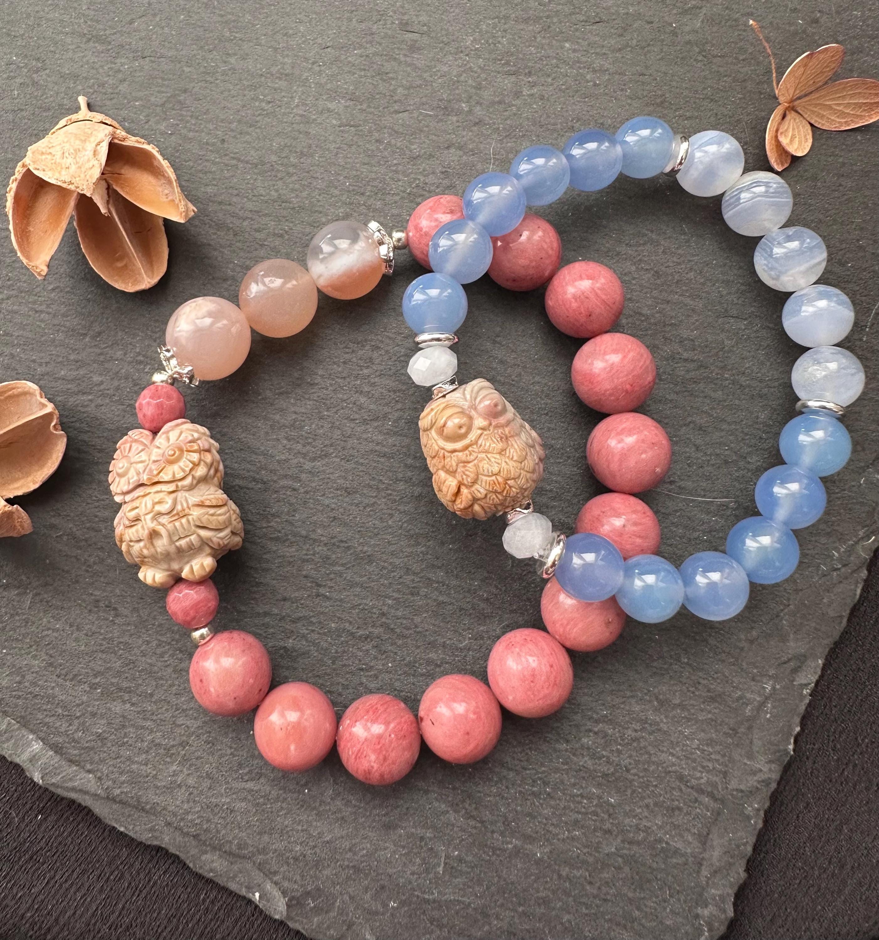 Alashan Carved Owl Bracelets – Pink Flower Agate, Rhodonite, Blue Chalcedony, Lace Agate