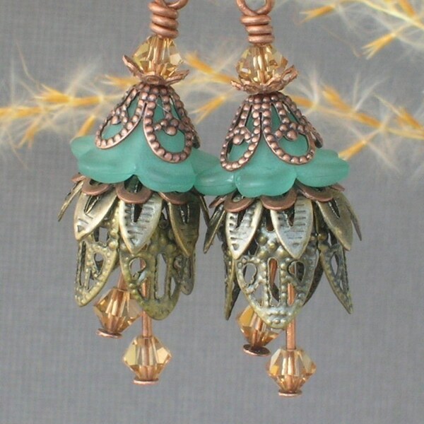 OPHELIA ... Vintage Style Earrings ... with teal flower beads