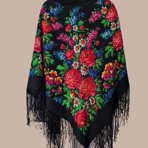 Pavlovo Posad-sjaal, vintage bloemen Russische 100% wollen sjaal, authentieke originele Russische sjaal, traditionele Russische sjaal zijden franje