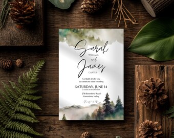 Rustic Woodland Wedding Invitation Set | Forest Greenery Editable Canva Template | Printable Invite Bundle