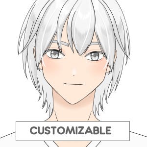 以下が含まれることがあります： 白髪と灰色の目の人物のデジタルイラスト。その人は中立的な表情をしており、頬には薄い赤面があります。「CUSTOMIZABLE」という単語が、画像の下部にある白い長方形に表示されています。
