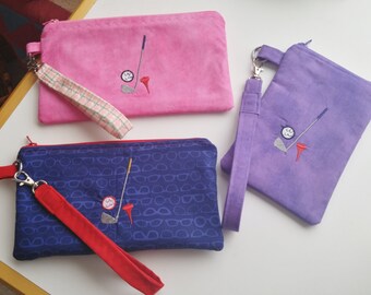 Embroidered Golf Wristlet: Handmade Zipper Pouch, Personalized Initial
