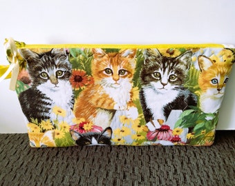 Pencil Case/Zipper Pouch, Kittens Fabric Zipper Pouch, Quilted Children's Pencil Case, Child's Zipper Case, Child's Gift Idea