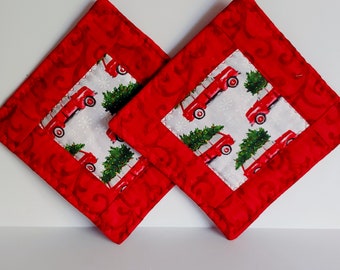CHRISTMAS Pot Holders, Set of 2 Christmas Pot Holders, Quilted Pot Holders, Red Truck Decor, Kitchen Decor, Christmas Decor, Hot Pads