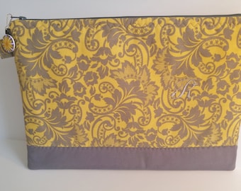 Quilted Zipper Pouch: Yellow Floral Tablet/Cosmetic Bag, Monogrammed Travel Case