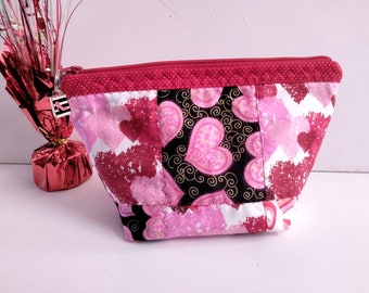 Quilted Zipper Pouch, Quilted Heart Fabric Cosmetic Bag, Travel Cosmetic Bag, Valentine Gift, Gift for Her,  Toiletry Storage