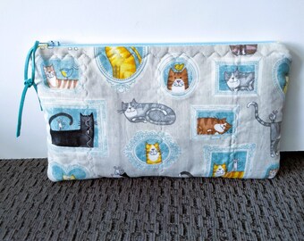 Pencil Case/Zipper Pouch, Cats Fabric Zipper Pouch, Quilted Children's Pencil Case, Child's Zipper Case, Child's Gift Idea