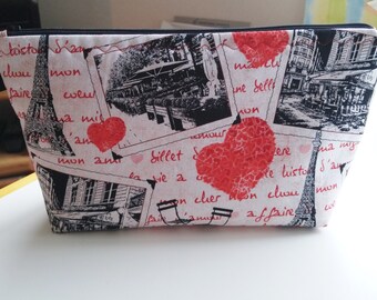 Zipper Pouch, Cosmetic Bag, Paris Valentine Print, Travel Makeup Bag, Toiletry Storage, Gift for Her, Paris, Valentine Gift, READY TO SHIP