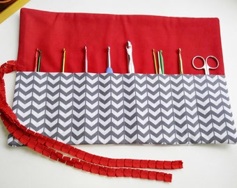 Crochet Needle Organizer /Makeup Roll Up Organizer / Gray Chevron & Red Organizer/ Sewing Tools Organizer