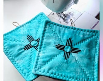 NM Quilted Potholders with Zia Symbol, made to order