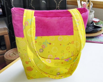 READY TO SHIP Little Girl Purse, Little Girl Handbag, Little Girl Kitty and Flower Purse, Pink & Yellow Girl Purse, Little Girl Tote Bag