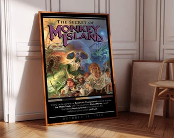 Puede incluir: Un póster de videojuego vintage para The Secret of Monkey Island. El póster presenta una calavera, un pirata y una isla tropical. El texto en el póster dice "The Secret of Monkey Island" y "October 15, 1990".