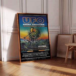 May include: A vintage poster for the computer game UFO: Enemy Unknown. The poster features a large, green alien creature with glowing red eyes, standing on a destroyed city. The text on the poster reads "UFO Enemy Unknown" and "Command Earth's Forces Against the Alien Terror". The poster is dated December 31, 1993.