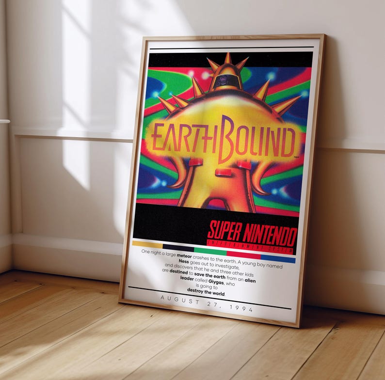 May include: A retro video game poster for EarthBound, a Super Nintendo Entertainment System game. The poster features a colorful, abstract alien character with a large, yellow head and a red body. The text on the poster reads "EarthBound" and "Super Nintendo Entertainment System". The poster also includes the release date, "August 27, 1994".