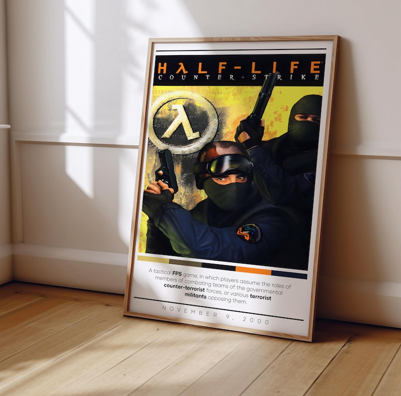 K&ouml;nnte beinhalten: Ein Poster f&uuml;r das Videospiel Half-Life: Counter-Strike. Das Poster zeigt einen gelben und orangenen Hintergrund mit einem schwarzen und blauen Bild von zwei Soldaten, die Waffen halten. Der Text "HALF-LIFE COUNTER STRIKE" befindet sich oben auf dem Poster. Der Text "NOVEMBER 9, 2000" befindet sich unten auf dem Poster.