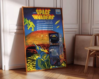 May include: A vintage poster featuring the classic arcade game Space Invaders. The poster is yellow, blue, green, and red with a black background. The poster features the text "Space Invaders" and the Taito logo.