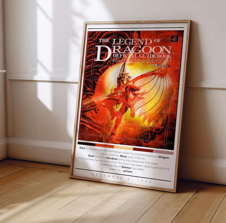 May include: A poster for the video game The Legend of Dragoon. The poster features a red and orange dragon with a human rider. The text on the poster reads "The Legend of Dragoon Official Guidebook" and "December 2, 1999".