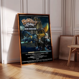 May include: A poster for the video game Ratchet & Clank: Going Commando. The poster features a blue and white spaceship, a character named Ratchet, and the game's title. The poster is set against a backdrop of a futuristic city. The text on the poster reads "Ratchet & Clank: Going Commando" and "November 11, 2003".
