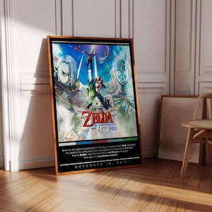 Puede incluir: Un póster para el videojuego The Legend of Zelda: Skyward Sword HD. El póster presenta a Link, Zelda y un cielo azul con nubes. El texto en el póster dice "The Legend of Zelda: Skyward Sword HD" y "November 18, 2011".