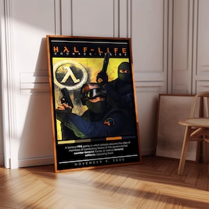 K&ouml;nnte beinhalten: Ein Poster f&uuml;r das Videospiel Half-Life: Counter-Strike. Das Poster zeigt zwei Soldaten, die Waffen halten, mit dem Half-Life-Logo im Hintergrund. Der Text auf dem Poster lautet "Half-Life: Counter-Strike" und "November 9, 2000".