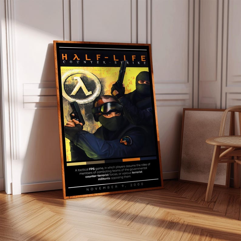 K&ouml;nnte beinhalten: Ein Poster f&uuml;r das Videospiel Half-Life: Counter-Strike. Das Poster zeigt zwei Soldaten, die Waffen halten, mit dem Half-Life-Logo im Hintergrund. Der Text auf dem Poster lautet "Half-Life: Counter-Strike" und "November 9, 2000".