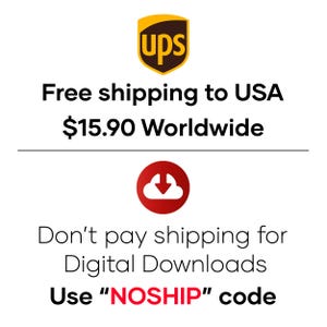 May include: A graphic with the UPS logo and text that says "Free shipping to USA $15.90 Worldwide". Below the text is a red circle with a white cloud and a downward arrow. The text below the circle says "Don't pay shipping for Digital Downloads Use "NOSHIP" code".