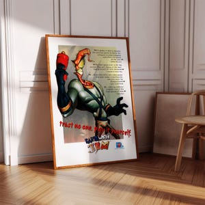 Pode incluir: Um pôster de videogame retrô com um personagem de desenho animado em forma de verme com um terno vermelho e verde. O pôster tem um fundo amarelo com o texto "Earthworm Jim" e o slogan "Não confie em ninguém. Jogue você mesmo."