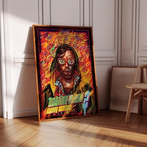 Puede incluir: Un póster de estilo retro para el videojuego Hotline Miami 2: Wrong Number. El póster presenta a un hombre con barba y gafas de sol en un diseño psicodélico y colorido.