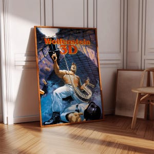 May include: A vintage poster for the video game Wolfenstein 3D. The poster features a muscular man in a white shirt and blue jeans holding a large gun. He is suspended in mid-air, surrounded by bullets and a chain of ammunition.